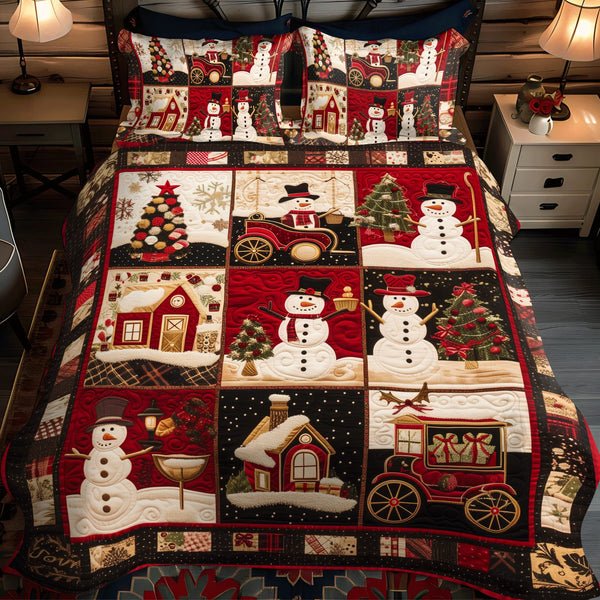 Frosty Friends Christmas quilted 3-piece bedding set on a made bed in a winter-styled bedroom