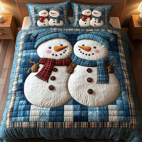 Frosty Friends Personalized Custom quilted 3-piece bedding set on a made bed in a winter-styled bedroom