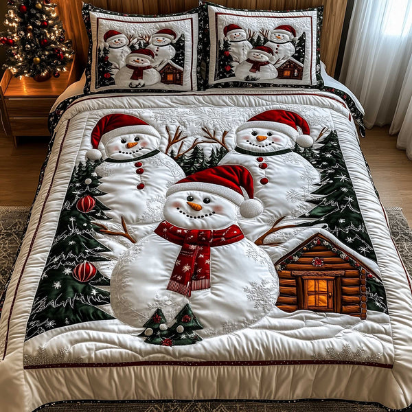 Frosty Friends quilted 3-piece bedding set on a made bed in a winter-styled bedroom