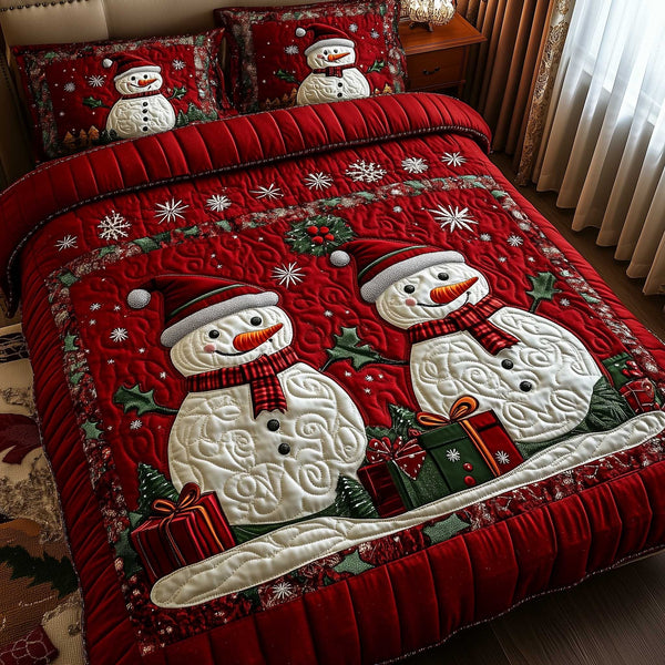 Frosty Friends quilted 3-piece bedding set on a made bed in a winter-styled bedroom