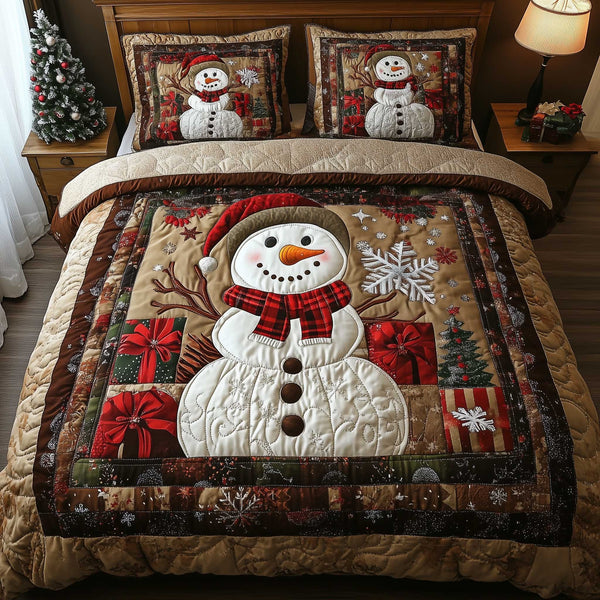Frosty Friends quilted 3-piece bedding set on a made bed in a winter-styled bedroom
