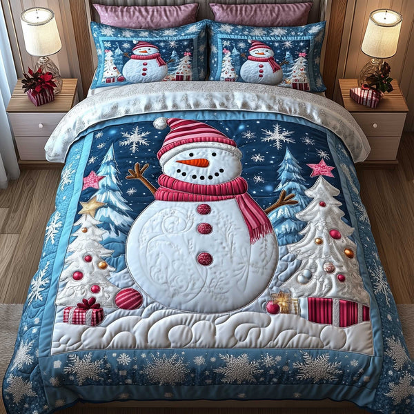 Frosty Friends quilted 3-piece bedding set on a made bed in a winter-styled bedroom
