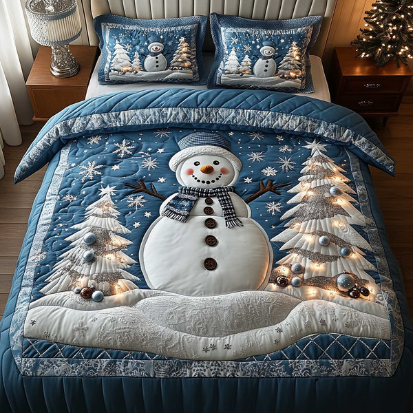 Frosty Friends quilted 3-piece bedding set on a made bed in a winter-styled bedroom