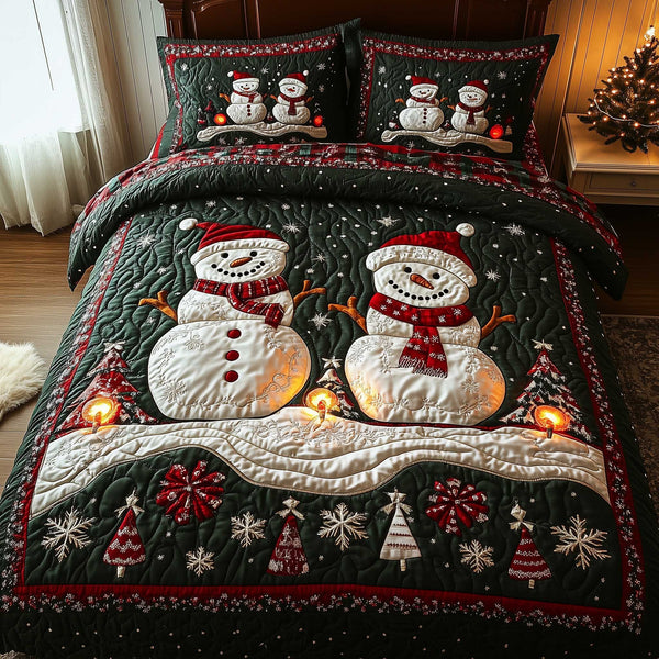 Frosty Friends quilted 3-piece bedding set on a made bed in a winter-styled bedroom