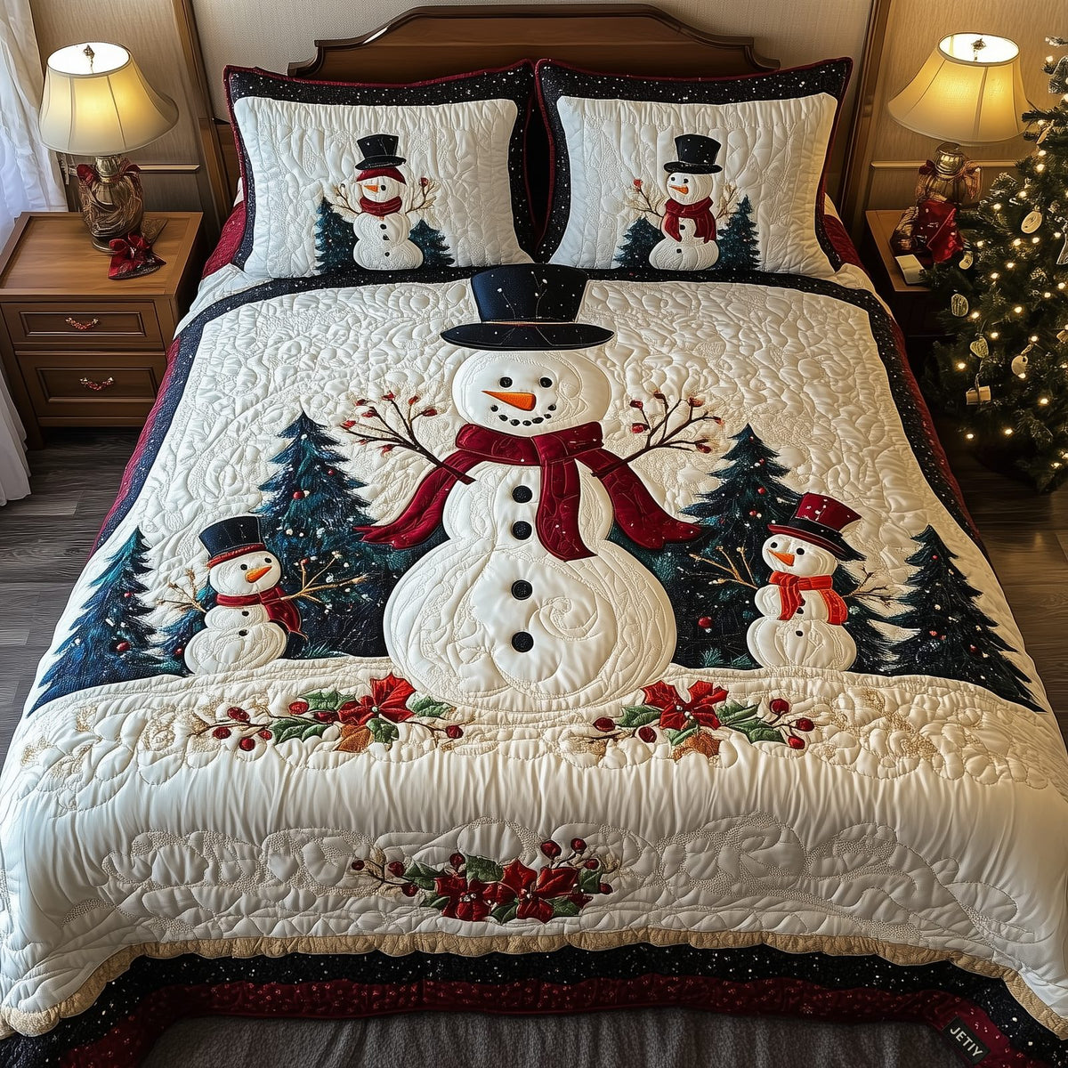 Frosty Friends quilted 3-piece bedding set on a made bed in a winter-styled bedroom