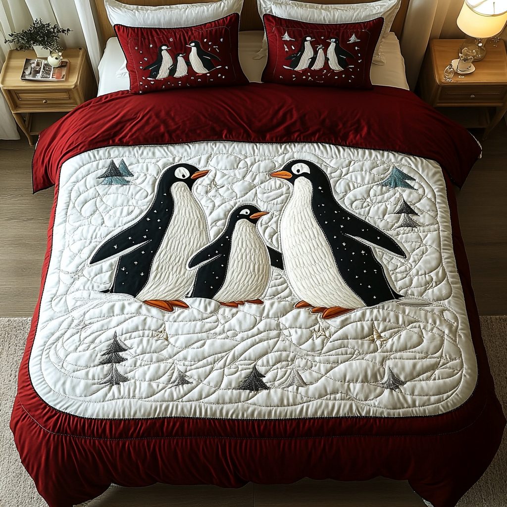 Frosty Friends quilted 3-piece bedding set on a made bed in a winter-styled bedroom
