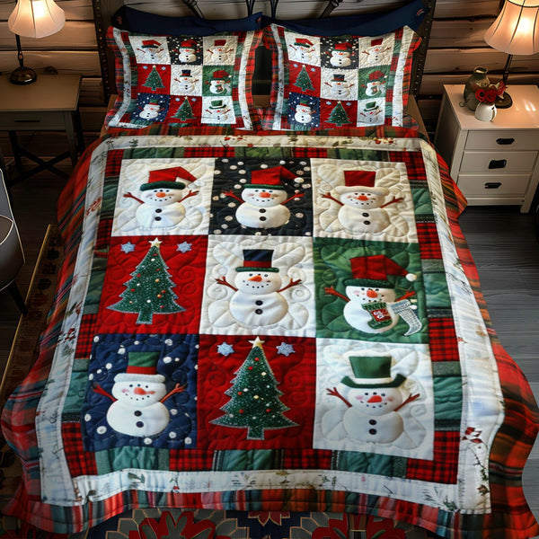 Frosty Friends quilted 3-piece bedding set on a made bed in a winter-styled bedroom
