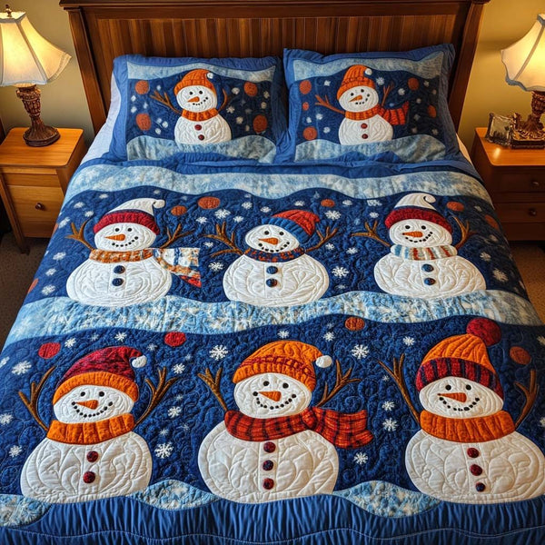 Frosty Friends quilted 3-piece bedding set on a made bed in a winter-styled bedroom
