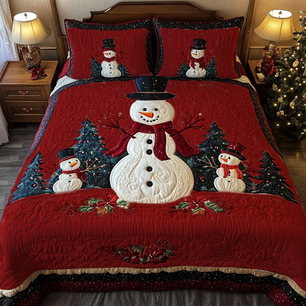 Frosty Friends V2 quilted 3-piece bedding set on a made bed in a winter-styled bedroom
