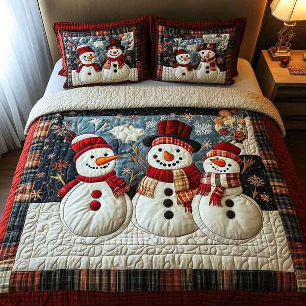 Frosty Gather quilted 3-piece bedding set on a made bed in a winter-styled bedroom