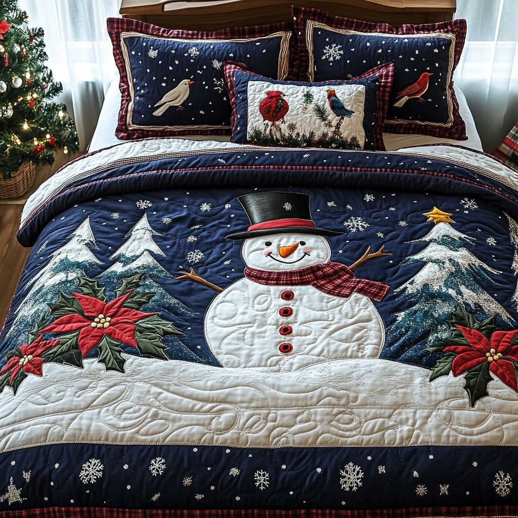 Frosty Gathering quilted 3-piece bedding set on a made bed in a winter-styled bedroom