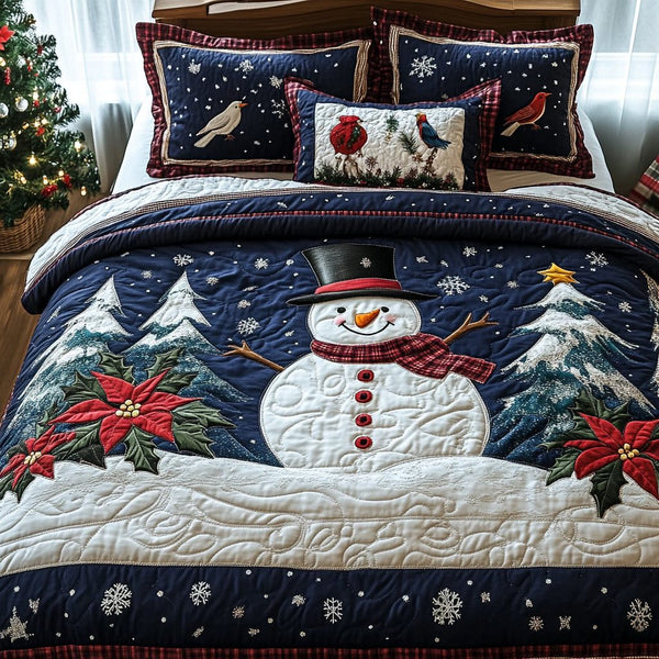 Frosty Gathering quilted 3-piece bedding set on a made bed in a winter-styled bedroom