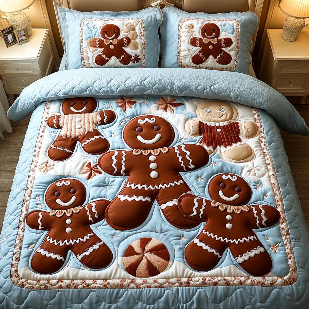 Frosty Ginger Kids quilted 3-piece bedding set on a made bed in a winter-styled bedroom