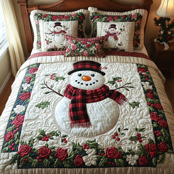 Frosty Glow quilted 3-piece bedding set on a made bed in a winter-styled bedroom