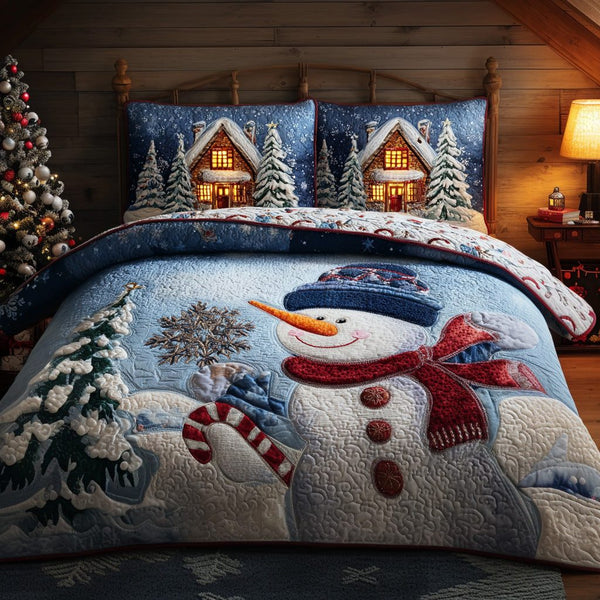 Frosty Glow quilted 3-piece bedding set on a made bed in a winter-styled bedroom