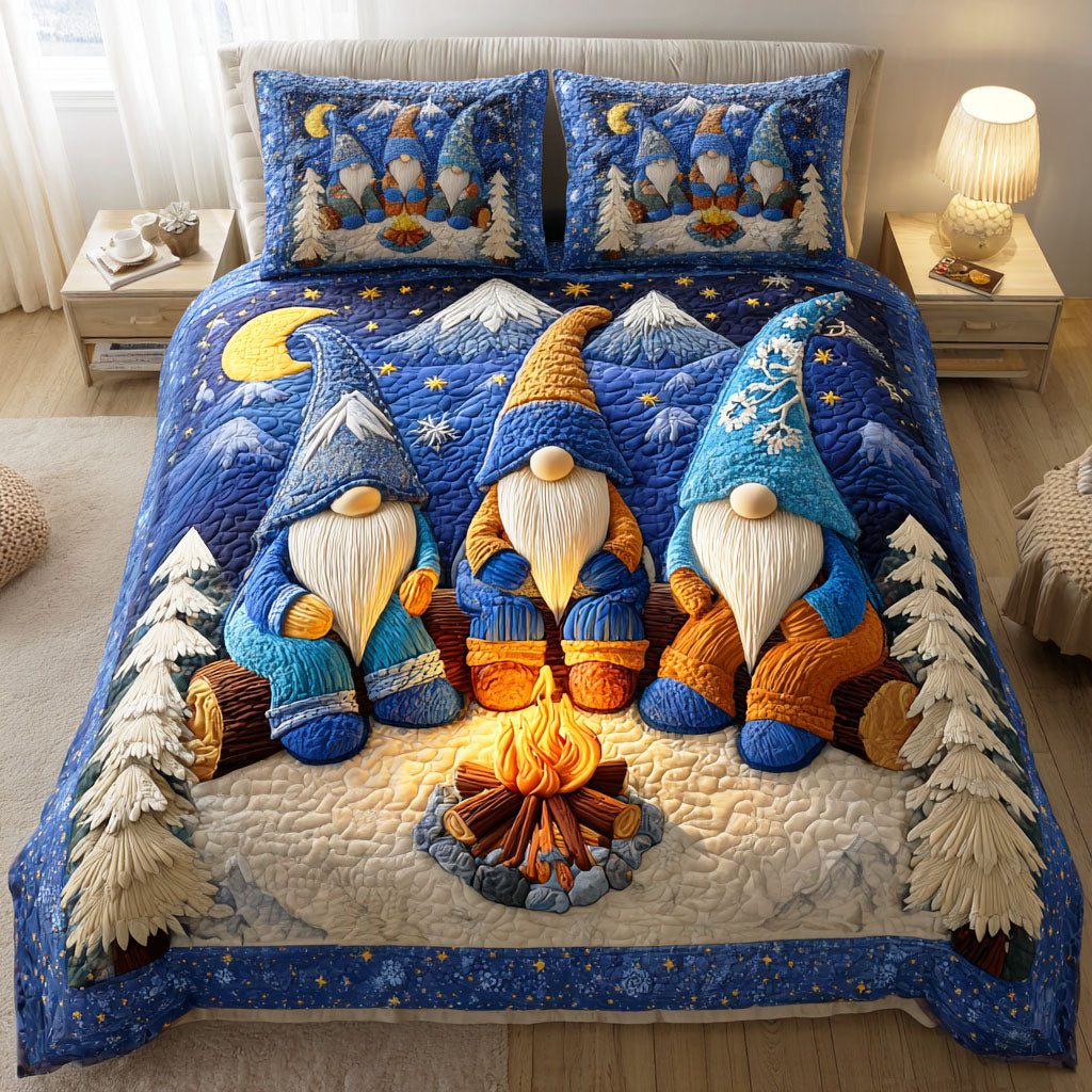 Frosty Gnome Wishes quilted 3-piece bedding set on a made bed in a winter-styled bedroom