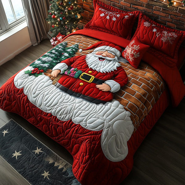 Frosty Greetings quilted 3-piece bedding set on a made bed in a winter-styled bedroom