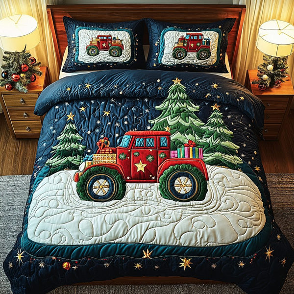 Frosty Hauler quilted 3-piece bedding set on a made bed in a winter-styled bedroom