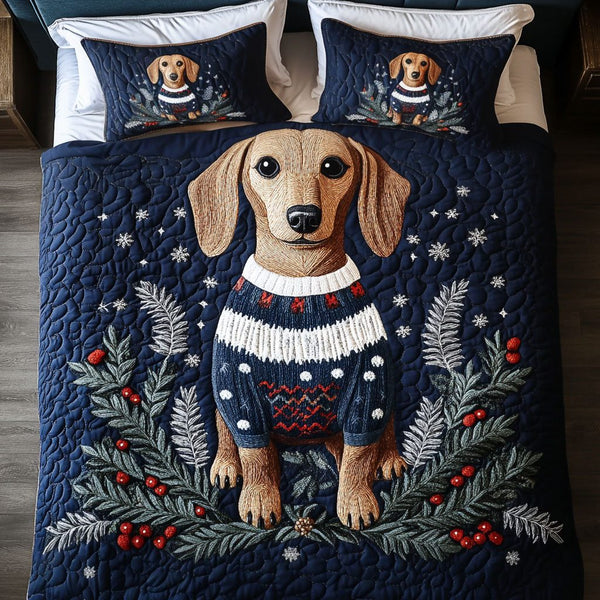 Frosty Hound quilted 3-piece bedding set on a made bed in a winter-styled bedroom