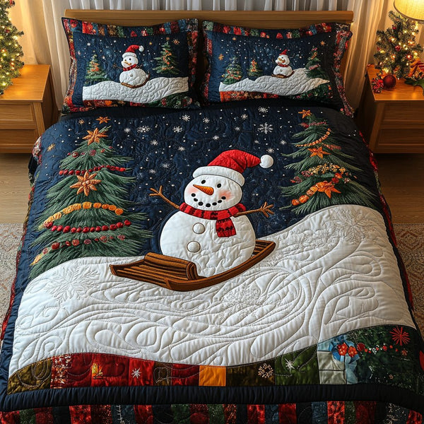 Frosty Joy quilted 3-piece bedding set on a made bed in a winter-styled bedroom
