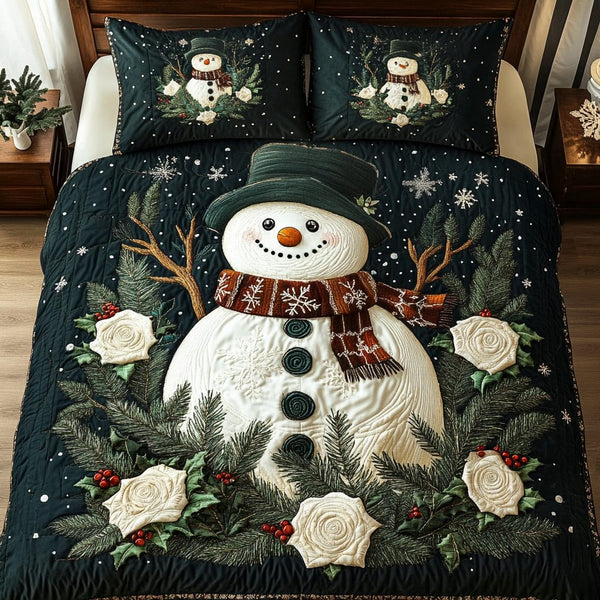 Frosty Joy quilted 3-piece bedding set on a made bed in a winter-styled bedroom