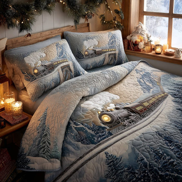 Frosty Locomotion quilted 3-piece bedding set on a made bed in a winter-styled bedroom