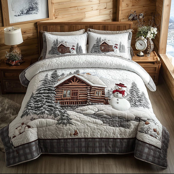 Frosty Lodge Haven quilted 3-piece bedding set on a made bed in a winter-styled bedroom