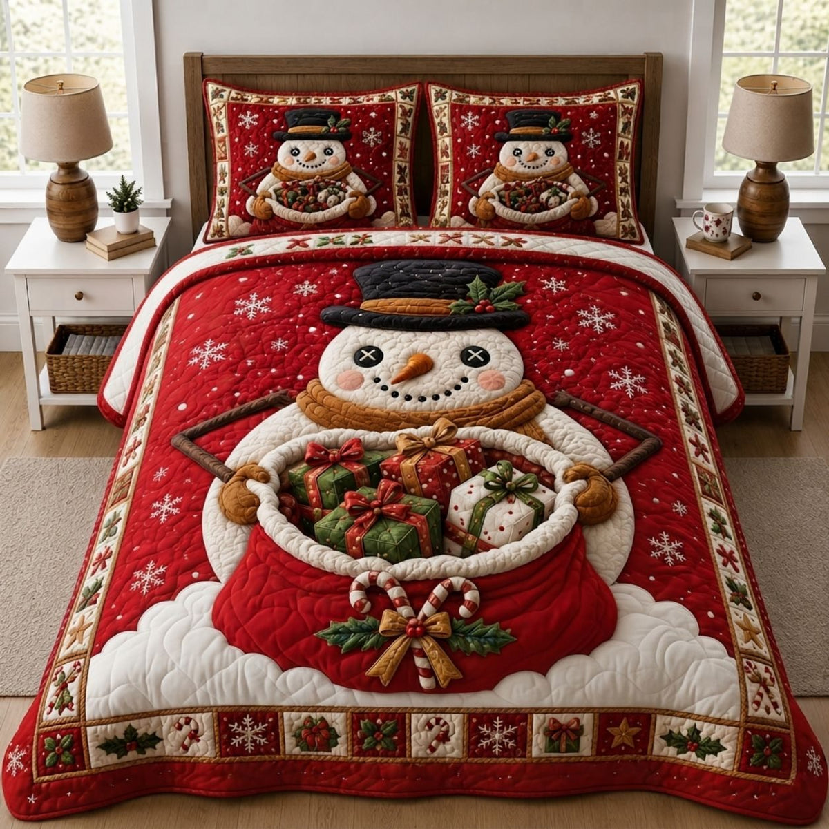 Frosty Night quilted 3-piece bedding set on a made bed in a winter-styled bedroom