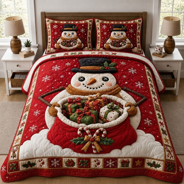 Frosty Night quilted 3-piece bedding set on a made bed in a winter-styled bedroom