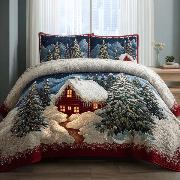 Frosty Night quilted 3-piece bedding set on a made bed in a winter-styled bedroom