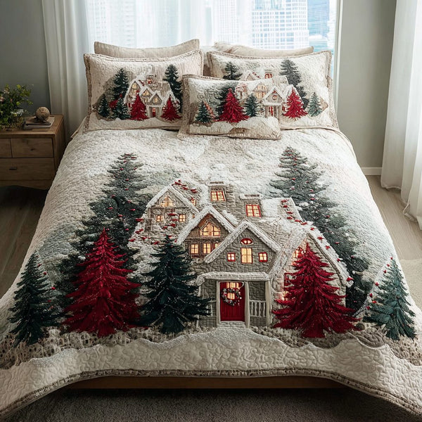 Frosty Night quilted 3-piece bedding set on a made bed in a winter-styled bedroom