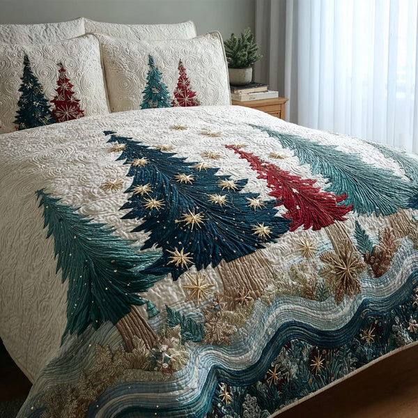 Frosty Night quilted 3-piece bedding set on a made bed in a winter-styled bedroom
