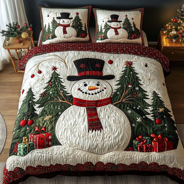 Frosty Night quilted 3-piece bedding set on a made bed in a winter-styled bedroom