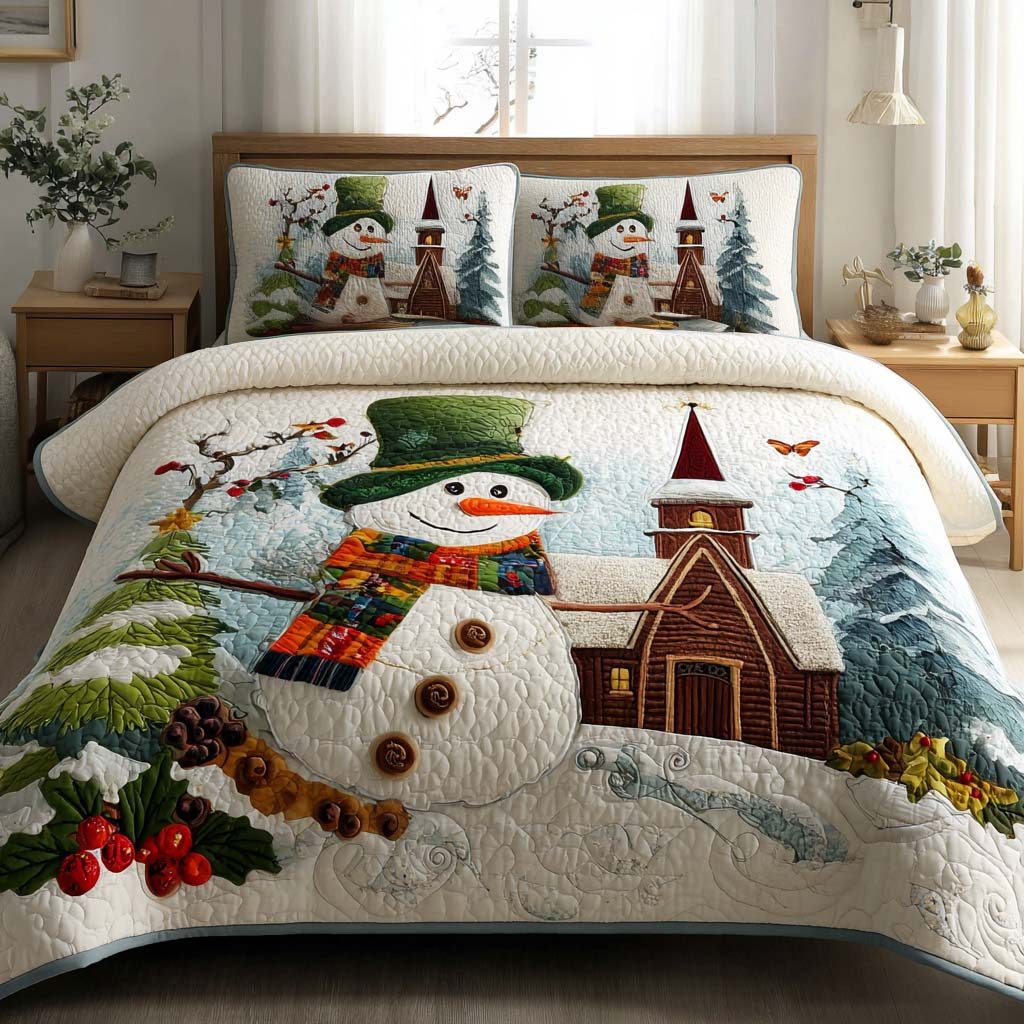 Frosty Night quilted 3-piece bedding set on a made bed in a winter-styled bedroom
