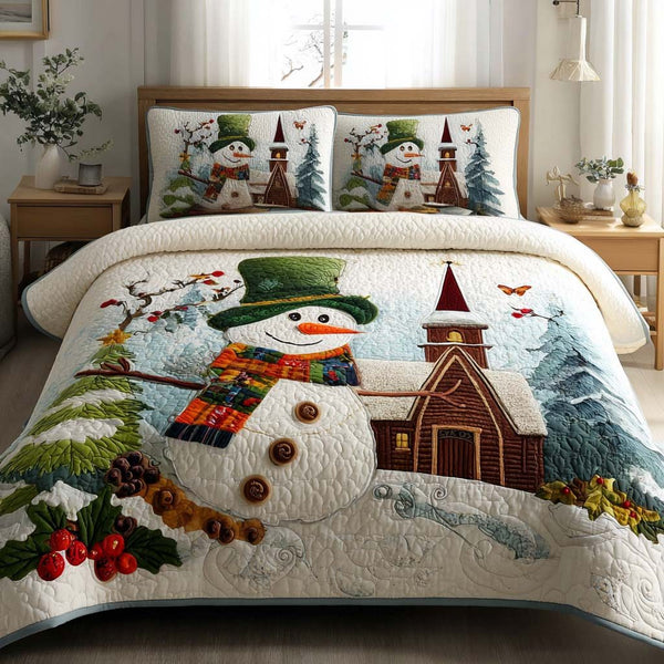 Frosty Night quilted 3-piece bedding set on a made bed in a winter-styled bedroom
