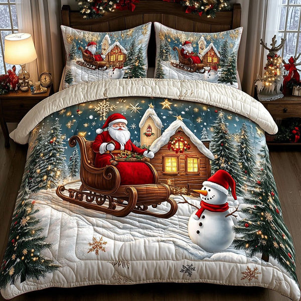 Frosty Night Ride quilted 3-piece bedding set on a made bed in a winter-styled bedroom