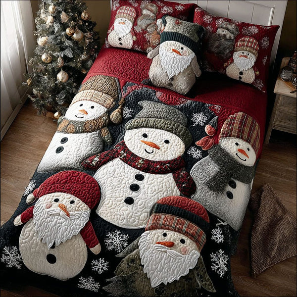 Frosty Nights quilted 3-piece bedding set on a made bed in a winter-styled bedroom