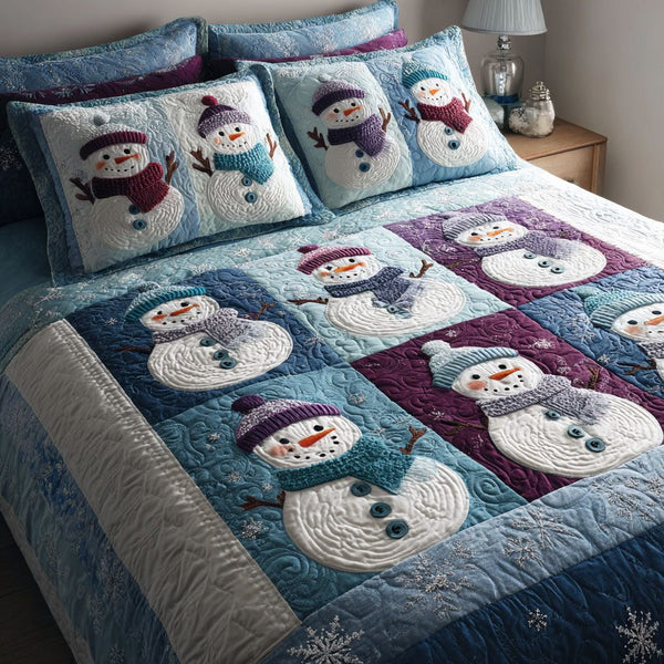 Frosty Nights quilted 3-piece bedding set on a made bed in a winter-styled bedroom
