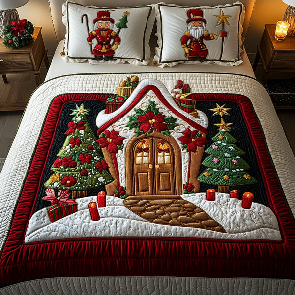 Frosty Nights quilted 3-piece bedding set on a made bed in a winter-styled bedroom