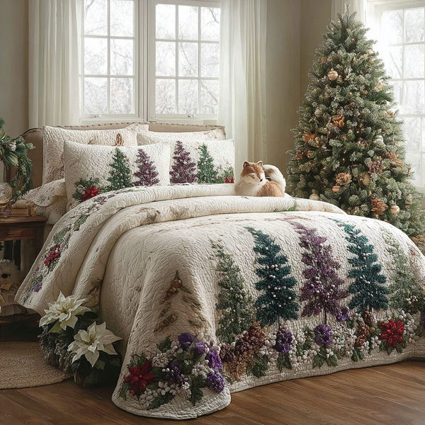 Frosty Pine Haven quilted 3-piece bedding set on a made bed in a winter-styled bedroom