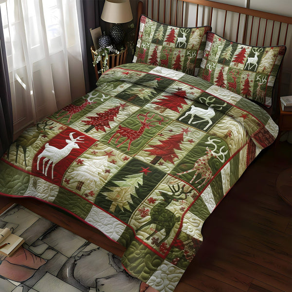 Frosty Pines quilted 3-piece bedding set on a made bed in a winter-styled bedroom