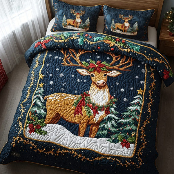 Frosty Pines quilted 3-piece bedding set on a made bed in a winter-styled bedroom