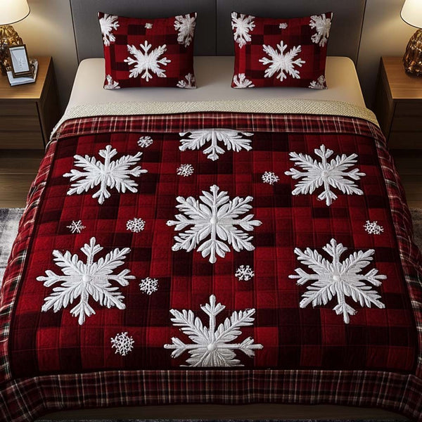 Frosty Plaid quilted 3-piece bedding set on a made bed in a winter-styled bedroom