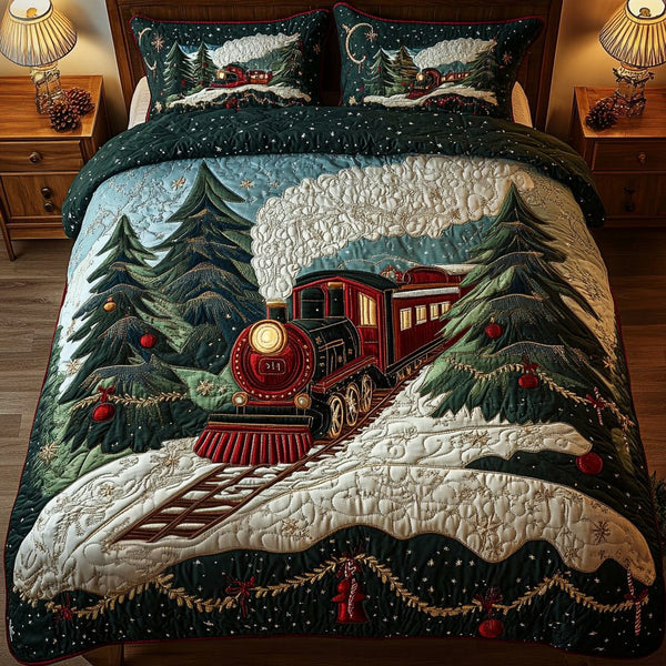 Frosty Rails quilted 3-piece bedding set on a made bed in a winter-styled bedroom