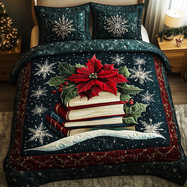 Frosty Reading Nights quilted 3-piece bedding set on a made bed in a winter-styled bedroom