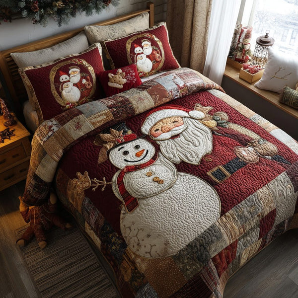 Frosty Santa quilted 3-piece bedding set on a made bed in a winter-styled bedroom