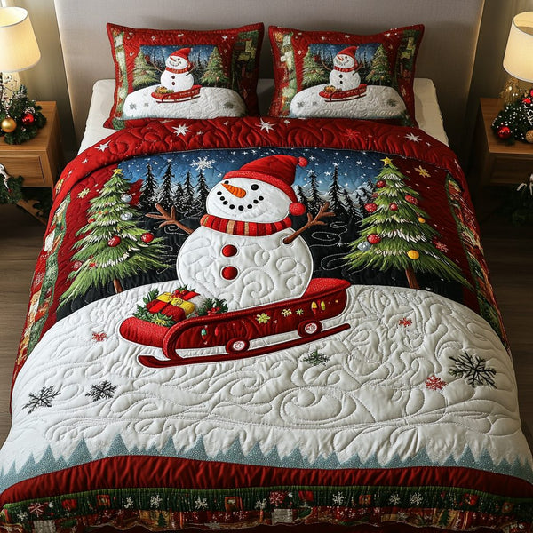 Frosty Sled Adventure quilted 3-piece bedding set on a made bed in a winter-styled bedroom