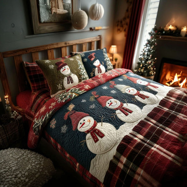 Frosty Sleigh quilted 3-piece bedding set on a made bed in a winter-styled bedroom