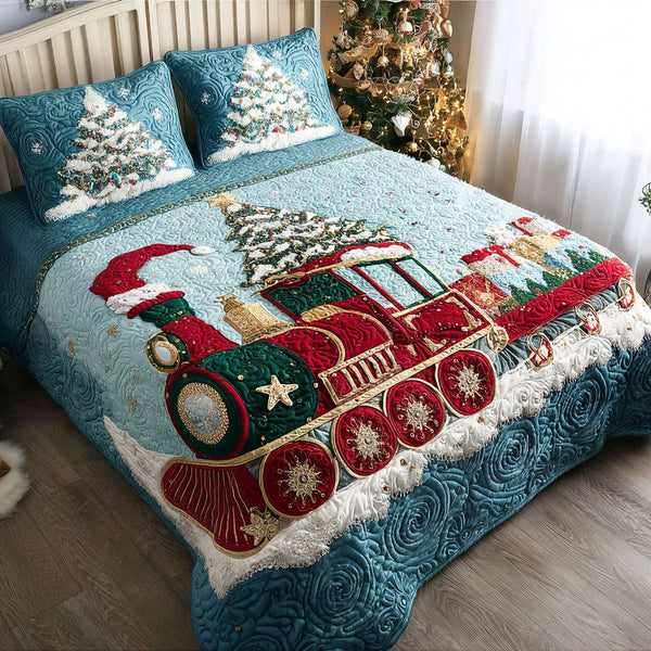 Frosty Tracks quilted 3-piece bedding set on a made bed in a winter-styled bedroom