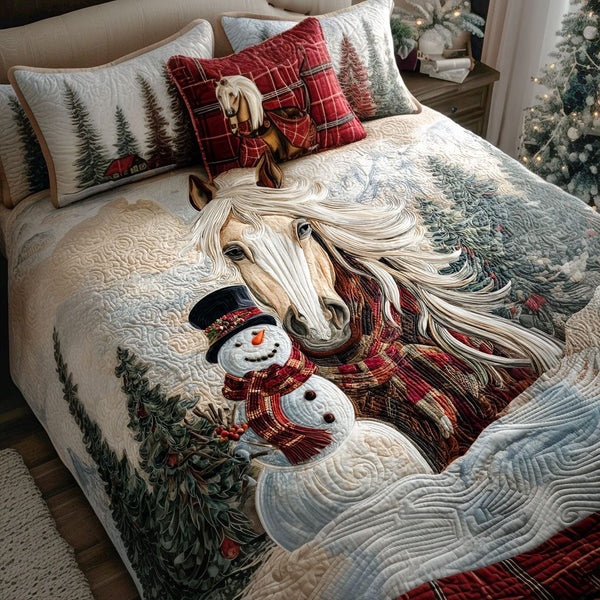 Frosty Trail quilted 3-piece bedding set on a made bed in a winter-styled bedroom
